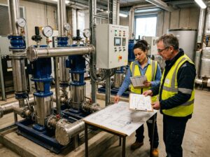 Commercial building wastewater pump station sizing diagram showing flow rate calculations and drainage design.
