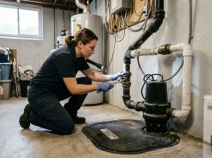 Plumber inspecting a basement sewage pump vent pipe and seal to fix foul sewer odors.